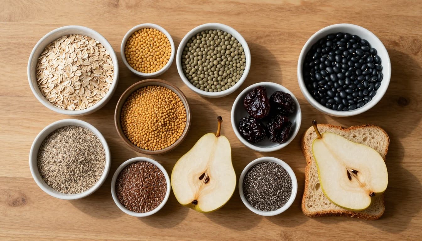 Photorealistic flat-lay of nine healthy fiber-rich ingredients in small bowls on a clean wooden countertop, featuring psyllium husk, rolled oats, dry lentils, black beans, halved pears, dried prunes, chia seeds, ground flaxseed, and a slice of whole-grain bread, with natural shadows and vibrant textures.