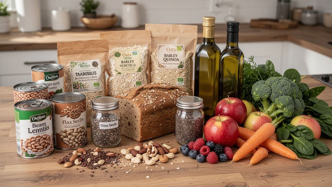 Photorealistic food photography of a grocery haul spread on a wooden kitchen counter, featuring cans of beans and lentils, bags of oats barley and quinoa, whole-grain bread, jars of chia and flax seeds, nuts, olive oil, and piles of fresh fruits like apples and berries plus vegetables like broccoli carrots and spinach.