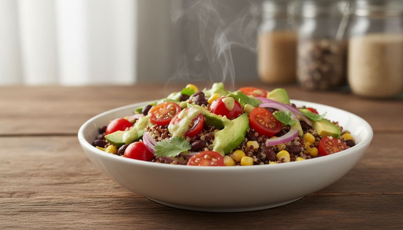 Photo-realistic food photography of a healthy low-sodium quinoa salad with cherry tomatoes, black beans, avocado slices, corn, red onion, cilantro, and lime dressing, served in a white bowl on a rustic wooden table with natural light.