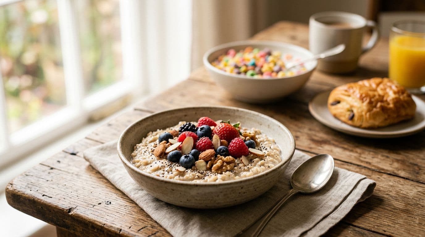 Photorealistic breakfast swap on wooden table: sharp foreground bowl of oatmeal with fresh berries, chia seeds, and unsalted nuts; blurred background bowl of sugary cereal and pastry. Natural morning window light, shallow depth of field, high detail textures, no text or people.