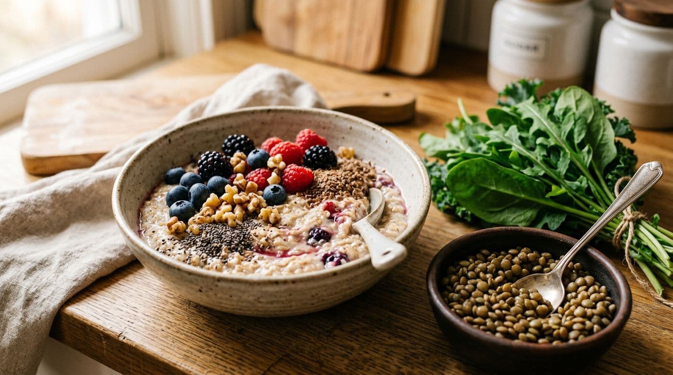 Close-up photo-realistic image of a bowl of oats topped with chia seeds, flaxseeds, berries, and walnuts, beside small bowls of beans or lentils and leafy greens, captured in warm kitchen lighting.