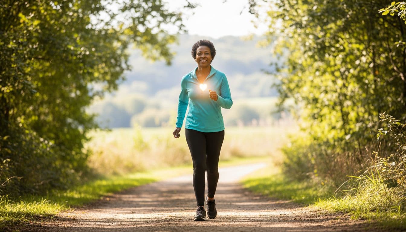 Photorealistic scene of a healthy older adult in their 60s walking briskly outdoors on a sunny path near green trees, wearing comfortable athletic clothes, smiling slightly with a subtle heart-health theme and soft glow.