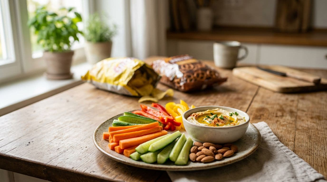 Foreground plate of sliced carrots, cucumber, bell peppers with hummus and unsalted almonds on a kitchen table; blurred bags of chips and pretzels in the background. Photorealistic editorial style with soft natural light and shallow depth of field on the healthy snacks.