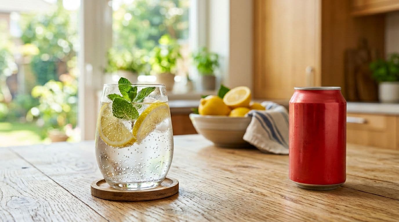 Photorealistic scene of a glass of sparkling water with lemon slices and mint leaves next to a pushed-aside soda can on a bright kitchen table under natural daylight. Perfect for heart health articles, emphasizing healthy choices without people or labels.