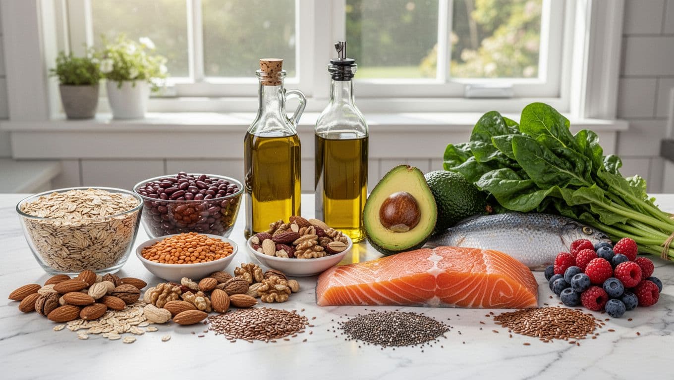 Photorealistic kitchen counter with neatly arranged heart-healthy foods including oats, beans, nuts, olive oil, avocado, salmon, berries, leafy greens, and seeds, lit by natural window light.