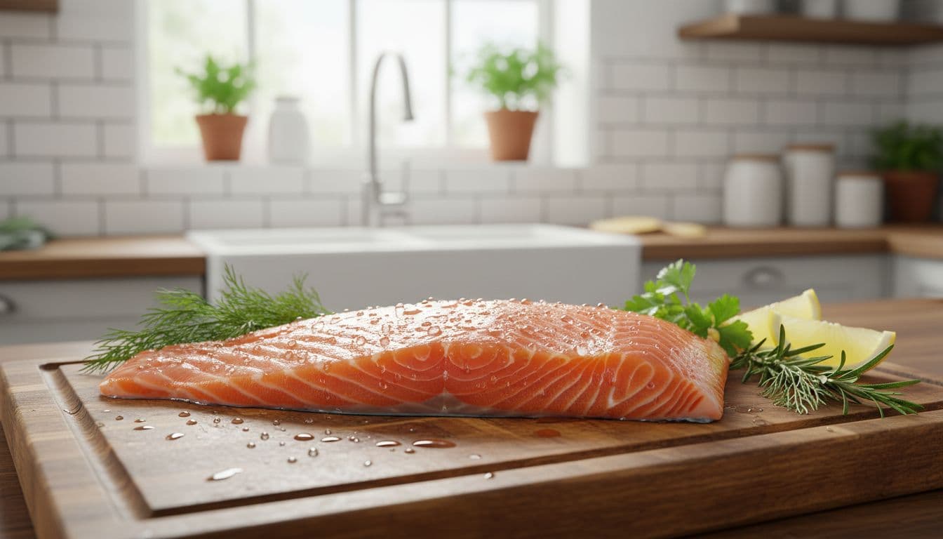Photorealistic image of a fresh salmon fillet on a wooden cutting board in a bright kitchen with natural daylight, featuring water droplets on the fish skin, detailed textures, and nearby herbs.
