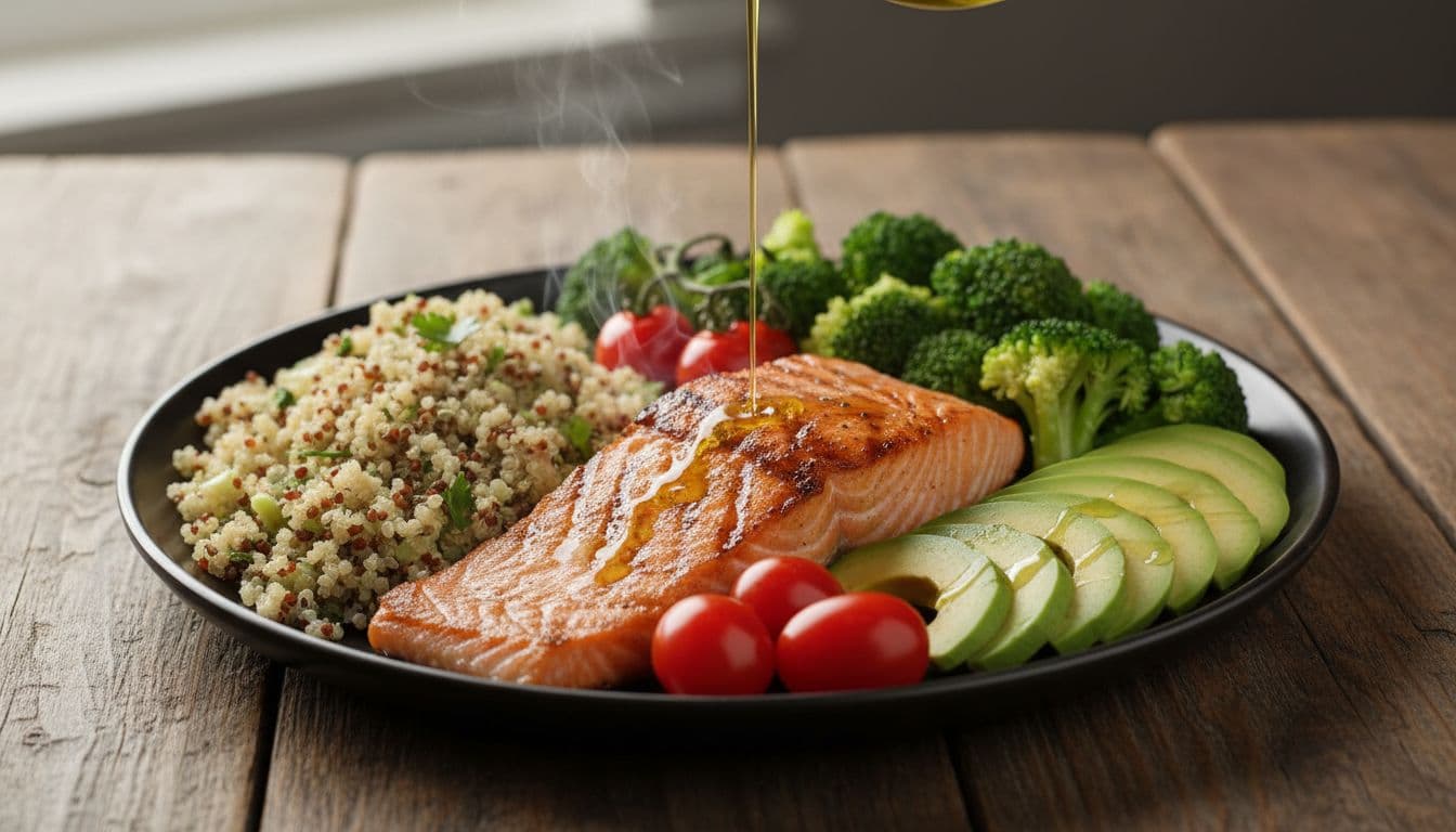 Photo-realistic close-up of a heart-healthy meal on a wooden table featuring grilled salmon fillet, quinoa, steamed broccoli, sliced avocado, cherry tomatoes, drizzled with olive oil, natural window light, and appetizing steam.