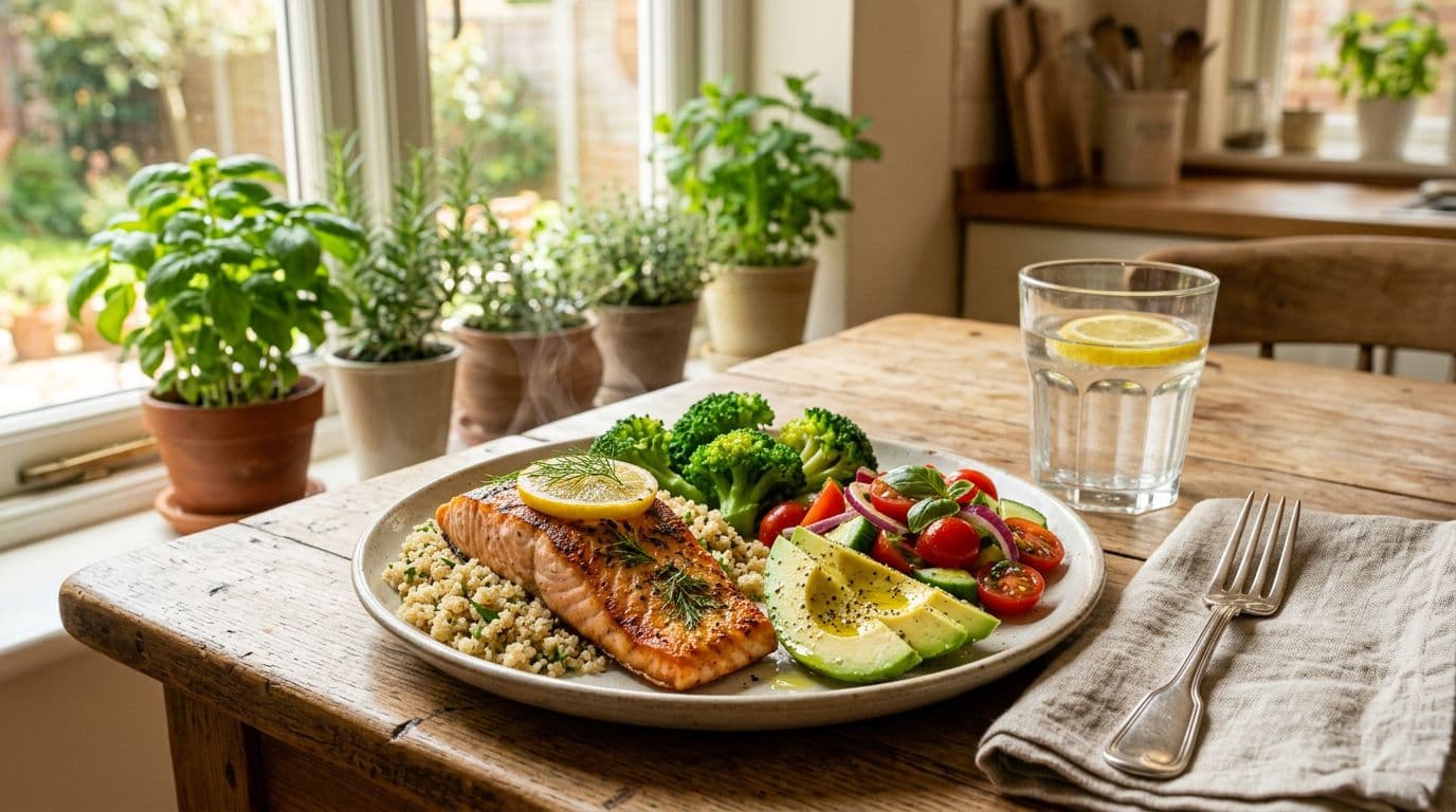 Photorealistic editorial-style image of a heart-healthy meal on a cozy sunlit dining table, featuring grilled salmon, quinoa, steamed broccoli, sliced avocado, tomato salad, and lemon water.