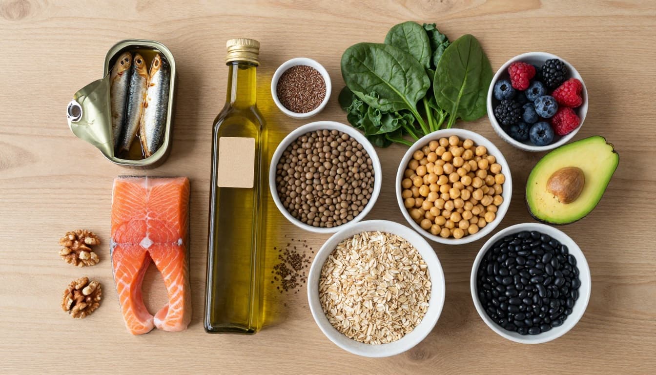 Photorealistic overhead flat-lay of heart-healthy foods on a light wood table, including salmon, sardines, olive oil, oats, lentils, chickpeas, greens, berries, nuts, seeds, avocado, beans, and quinoa for a non-HDL cholesterol lowering diet.