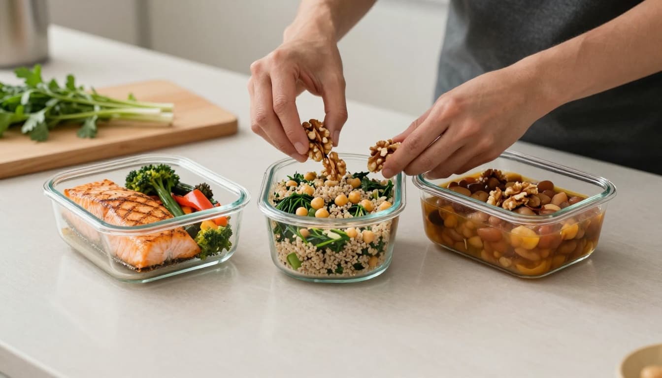 Photorealistic meal-prep in a modern kitchen for a heart-healthy plan to lower non-HDL cholesterol, showing glass containers with grilled salmon and vegetables, quinoa salad with greens and chickpeas, bean stew, and hands portioning walnuts.