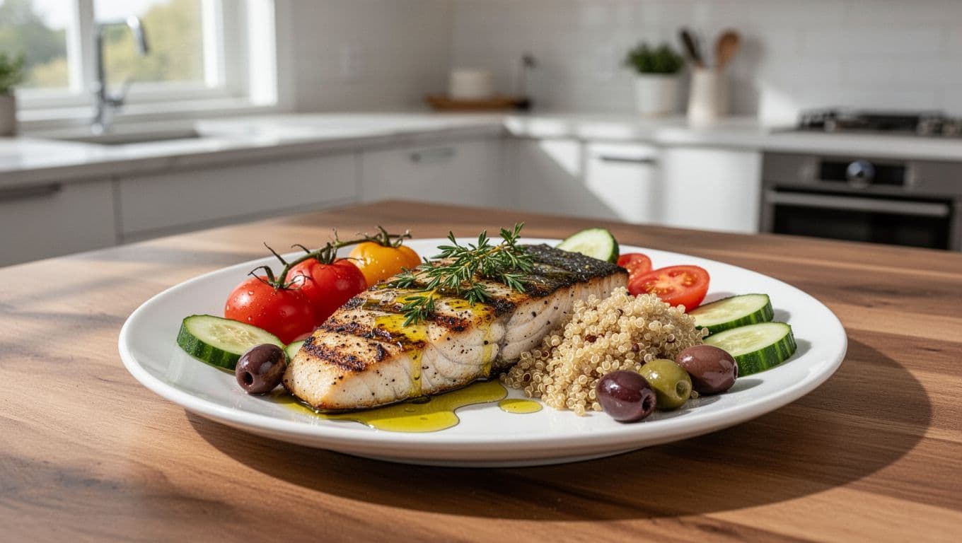Photorealistic editorial-style image of a heart-healthy Mediterranean diet meal plate with grilled fish fillet, mixed colorful vegetables like tomatoes, cucumbers, olives, quinoa, drizzle of olive oil, and fresh herbs on a white plate.