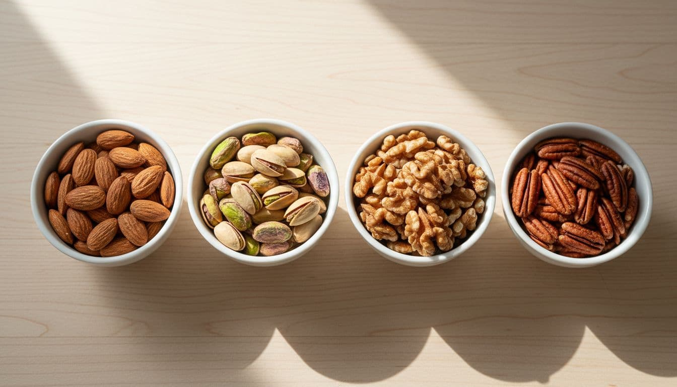 Photorealistic overhead close-up of almonds, walnuts, pistachios, and pecans in small white bowls on a light wooden surface, captured with natural morning light for a healthy lifestyle feel.