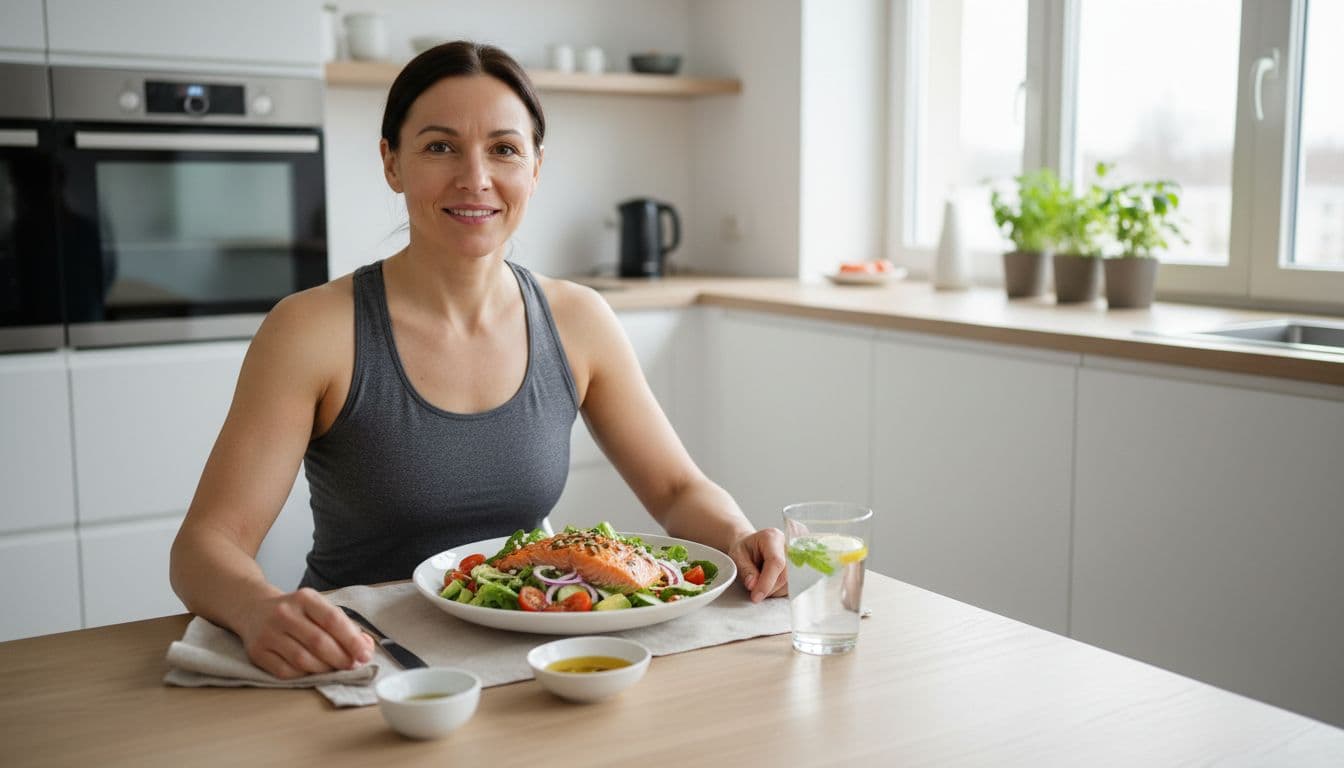 Photo-realistic scene of one person seated at a modern kitchen table eating a heart-healthy salmon salad with fresh vegetables and omega-3 rich foods after a workout, natural window light, wellness aesthetic.
