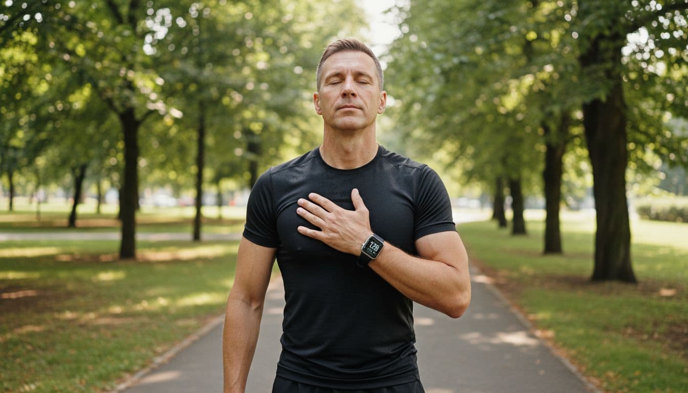 Photo-realistic image of a fit adult in their 40s standing in a park after jogging, one hand on chest feeling heartbeat, smartwatch on wrist showing heart rate, natural daylight, modern wellness aesthetic.