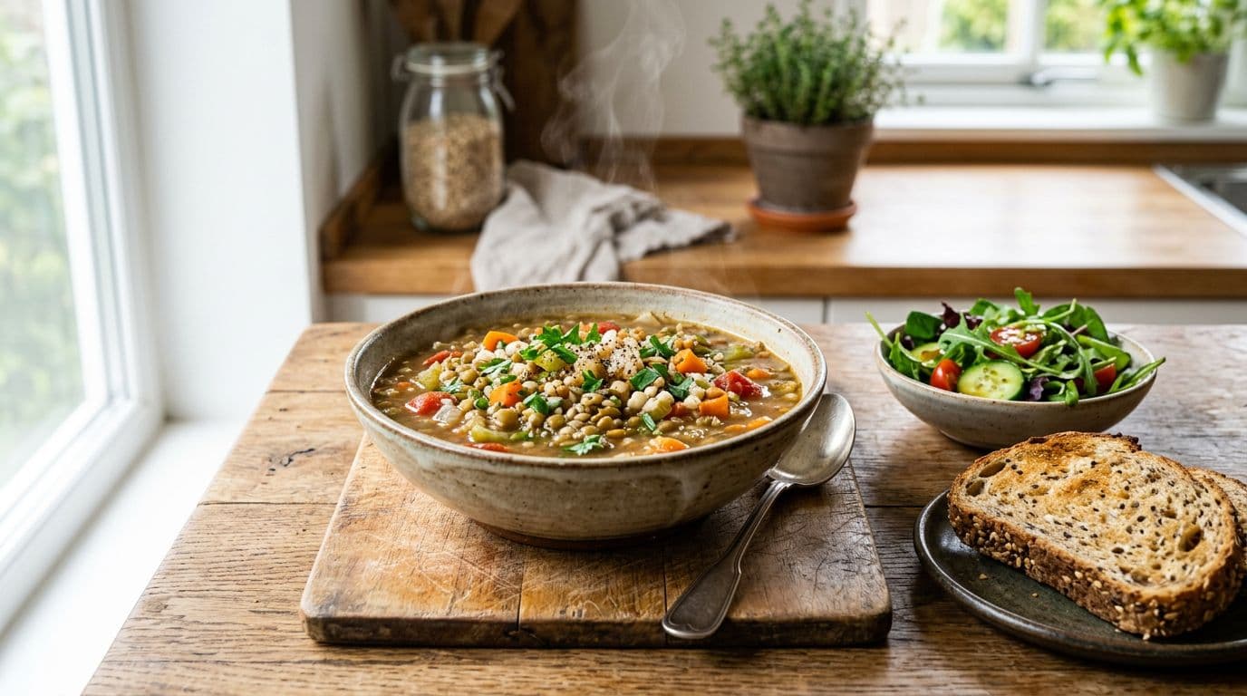 Photorealistic steaming bowl of hearty lentil-barley soup with lentils, barley, carrots, celery, and tomatoes, served with whole-grain bread and a side salad of greens on a rustic wooden table in bright natural light.