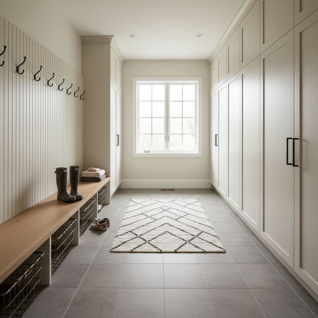 Brightly lit mudroom with large-format porcelain tile flooring, storage cabinets, and hooks.