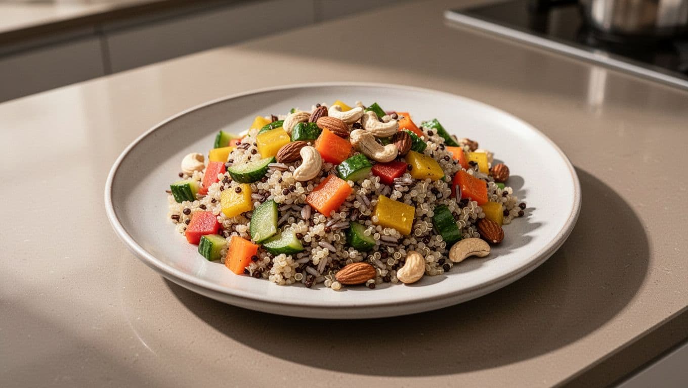 Photo-realistic plated high-fiber meal with quinoa, brown rice, and bulgur in a colorful bowl, topped with vegetables and nuts on a modern kitchen table under natural warm light.