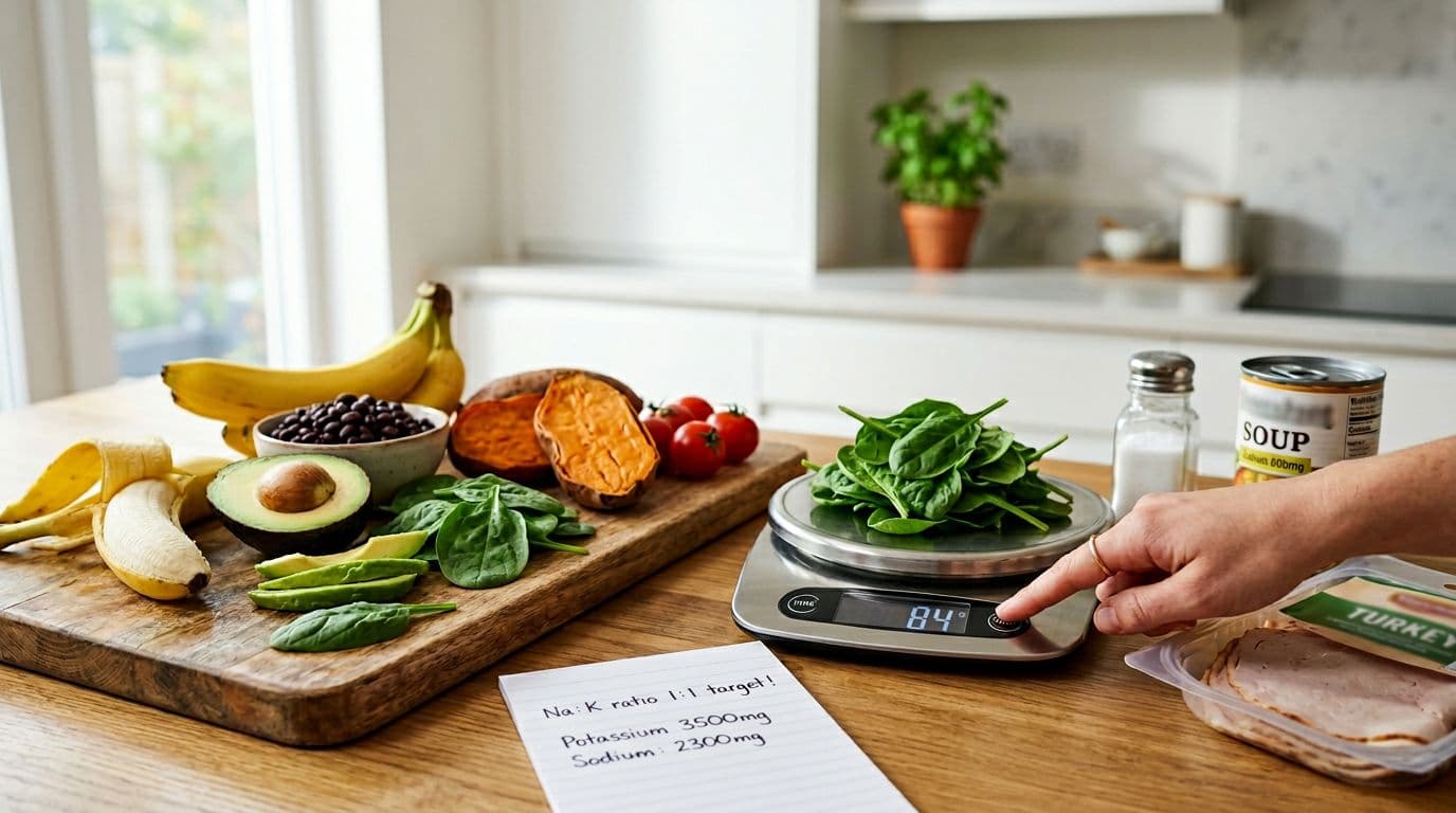 Photorealistic kitchen scene featuring high-potassium foods like bananas, avocados, spinach, and sweet potatoes contrasted with high-sodium items like salt and canned soup. A digital scale weighs spinach next to a notepad targeting a 1:1 Na:K ratio.