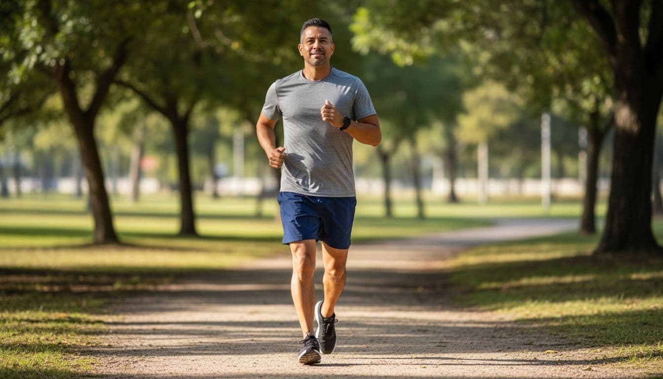 A photo-realistic image of a 40s Hispanic man walking briskly on a park path in morning light, wearing casual workout clothes and a fitness tracker, with a calm determined expression and realistic motion blur on legs.