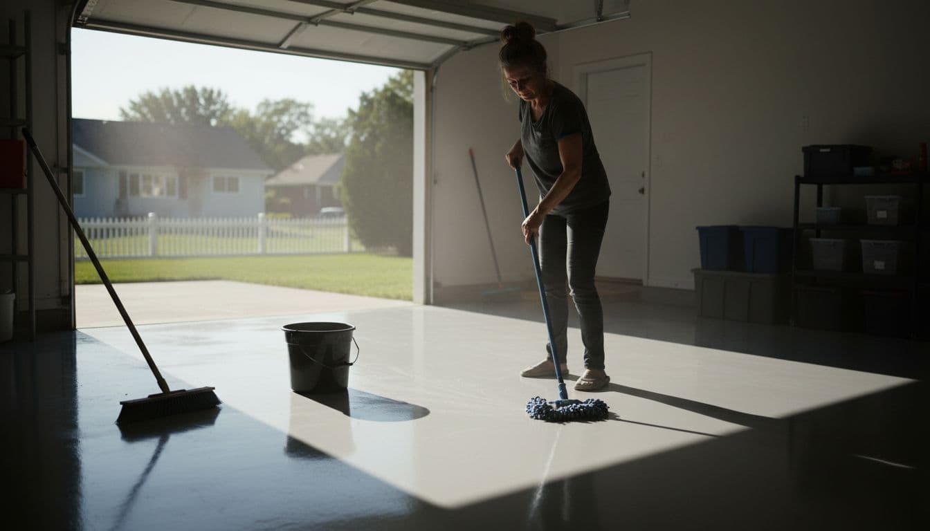 A busy homeowner mops a spotless epoxy-coated garage floor with a broom and bucket nearby, while natural light streams through the open garage door, creating a cinematic scene with dramatic lighting and depth.