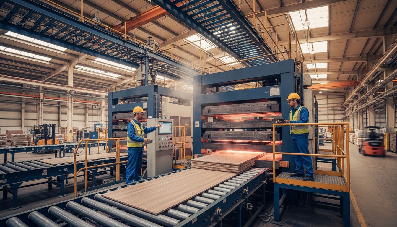 Industrial laminate press machine in a busy flooring manufacturing factory, with exactly two workers in safety gear monitoring high-pressure presses forming melamine-faced panels amid overhead conveyor belts and warm lighting.