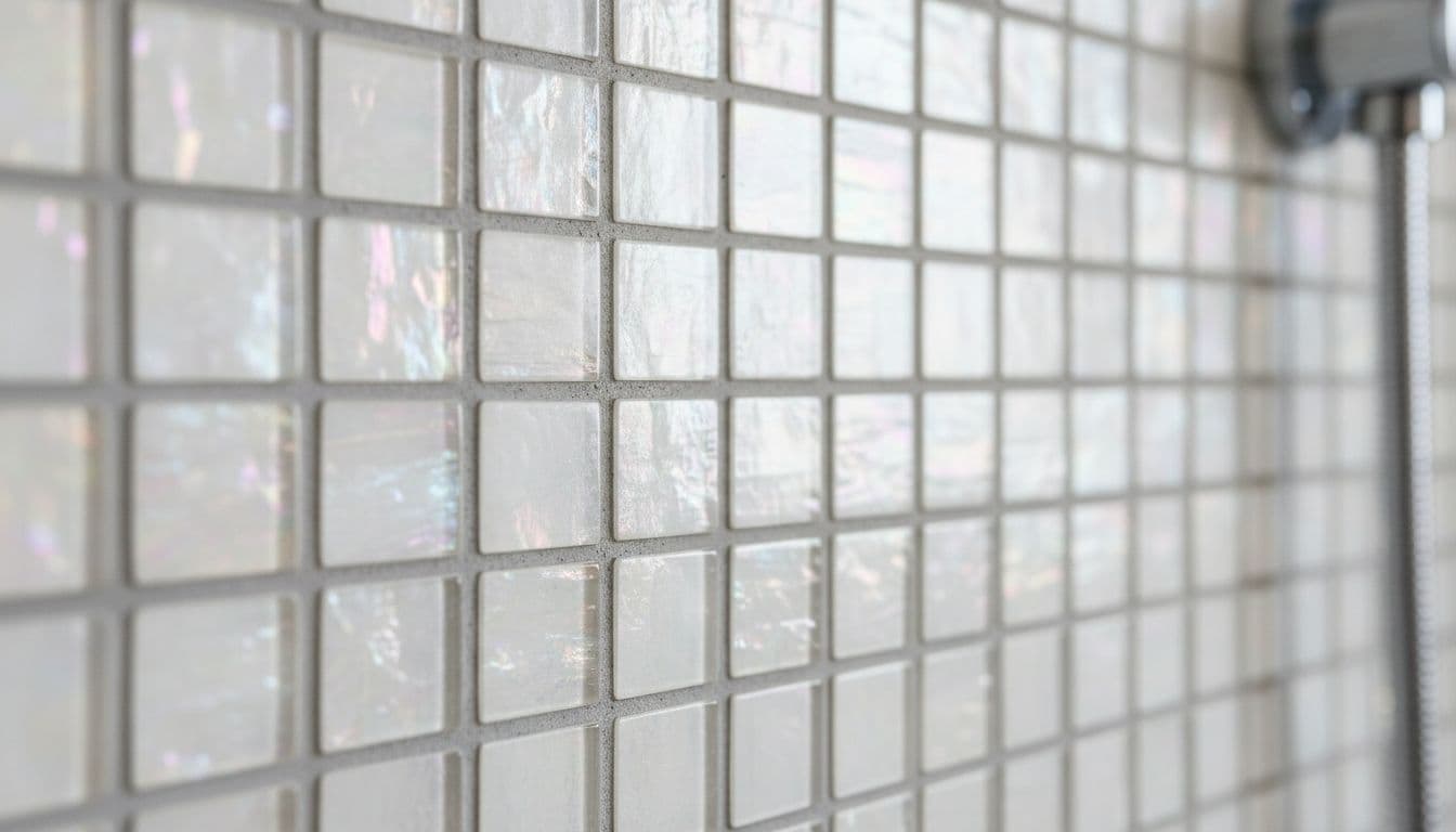 Close-up of glass mosaic tile surface with uniform grout lines