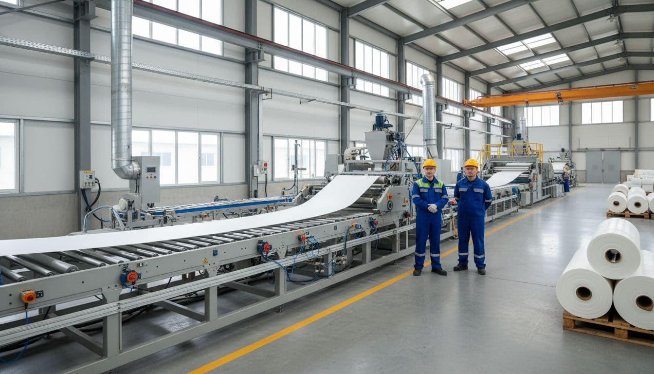 Modern flooring factory line producing IXPE underlayment rolls, with machinery extruding foam sheets and exactly two workers in safety gear overseeing the clean industrial environment under natural daylight.