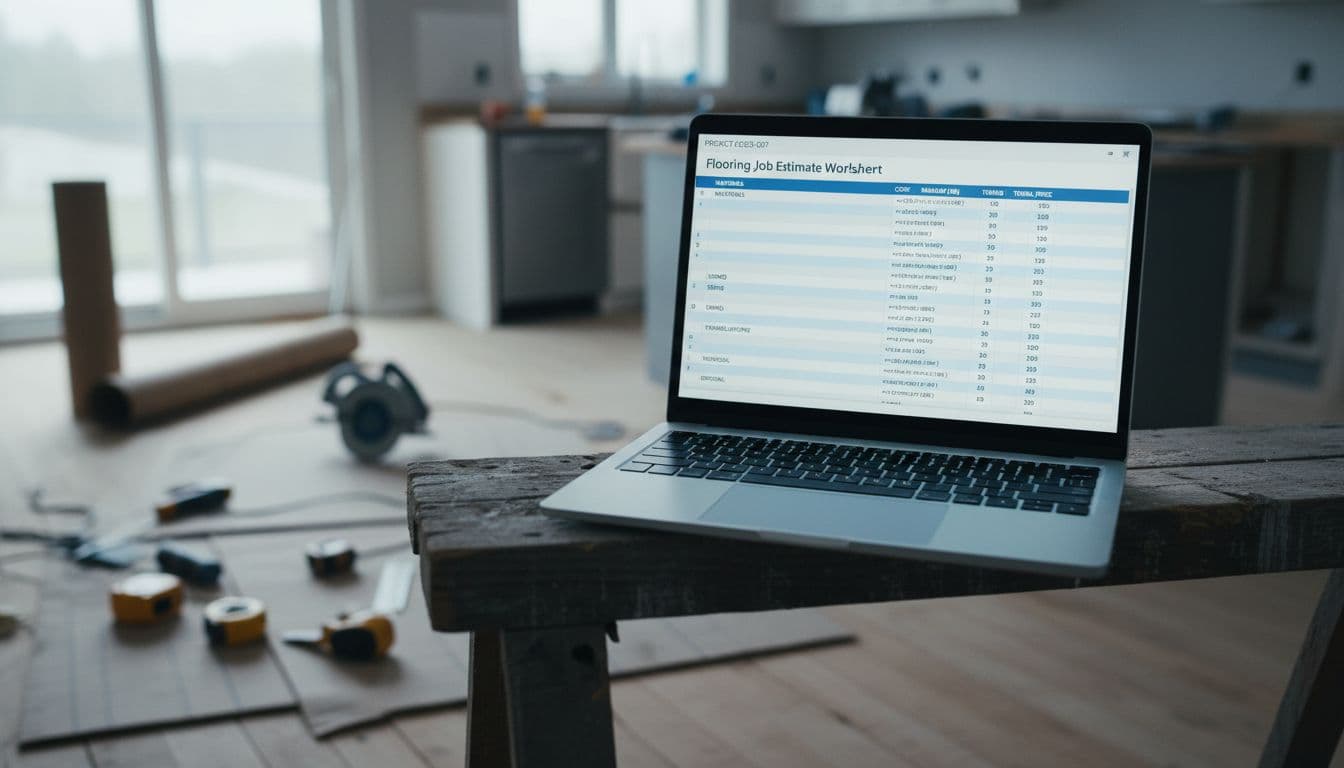 Photorealistic close-up of a laptop on a wooden sawhorse at a flooring jobsite, screen displaying a blurred spreadsheet estimate worksheet with line items for materials, labor, demo, underlayment, transitions, and disposal. Background shows softly blurred modern kitchen renovation with tools, subfloor, and natural light.