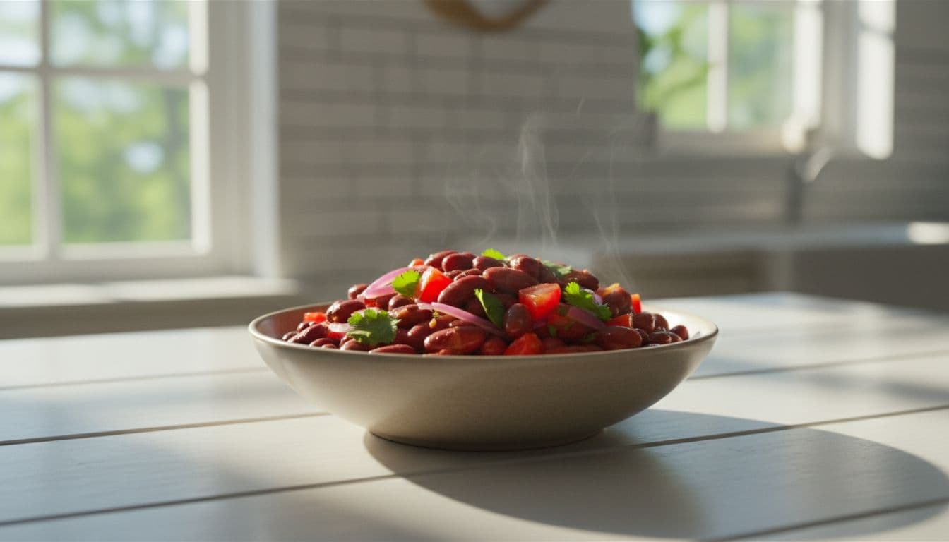 Photo-realistic bowl of cooked kidney beans mixed with tomatoes, onions, and cilantro on a sunlit white wooden table, steam rising, clean food photography style.