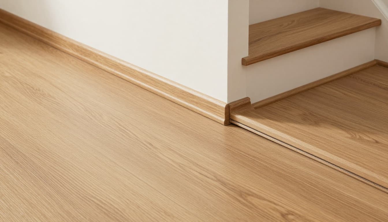 Close-up of flooring transition and stair nosing