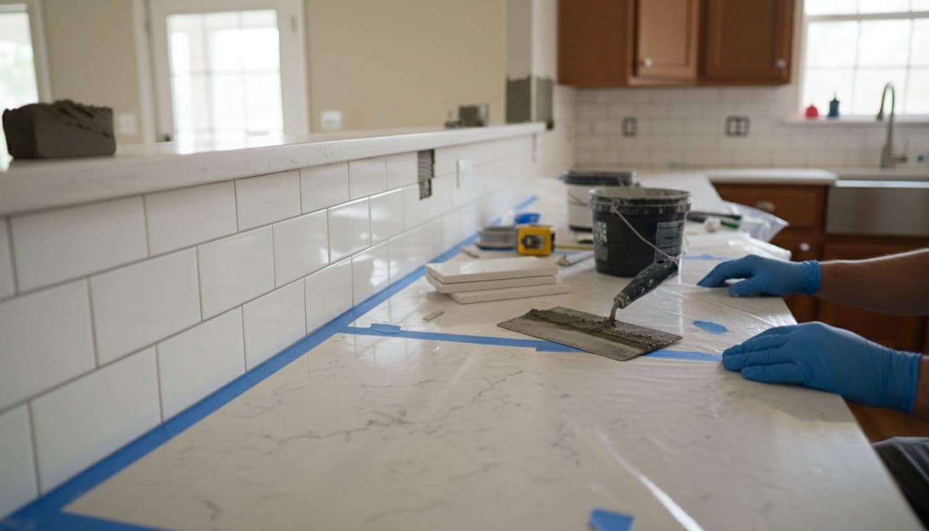 Close-up of subway tile backsplash installation on a new quartz countertop, featuring tools and materials on a granite-like surface in a professional Georgia home remodel under natural indoor light.