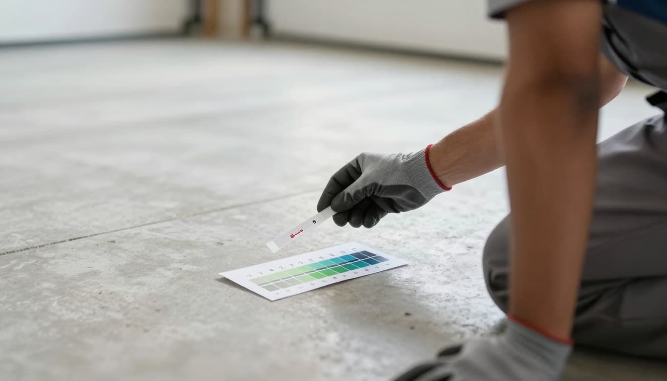 Technician kneeling and comparing pH strip