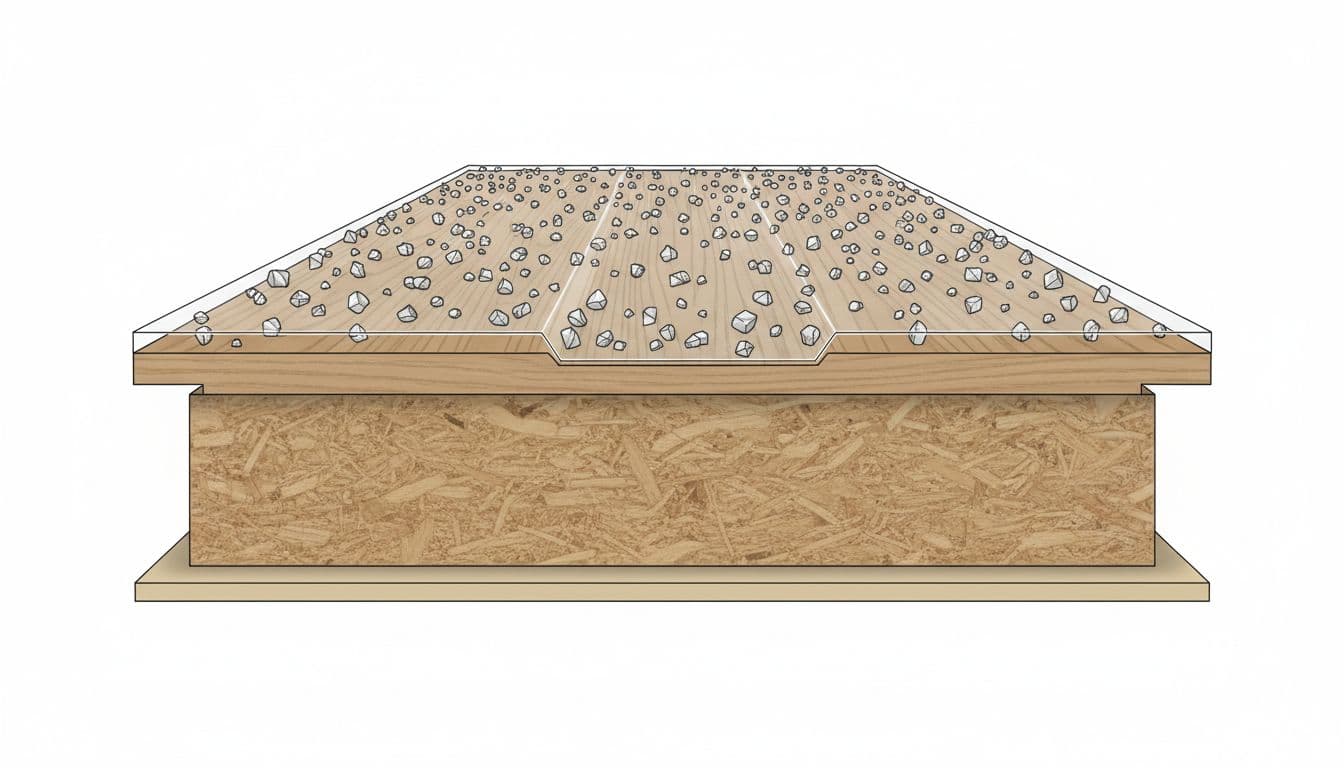 Close-up microscopic cross-section view of a laminate flooring plank revealing the wear layer embedded with aluminum oxide grit particles in a realistic scientific illustration style.