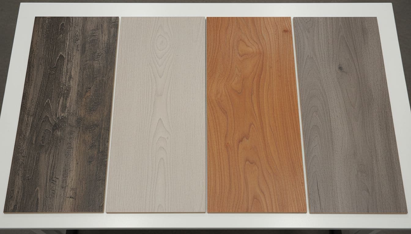 Close-up top-down view of four laminate flooring planks and rigid core vinyl samples on a showroom table, displaying various wood grain patterns with realistic embossed textures under soft studio lighting.