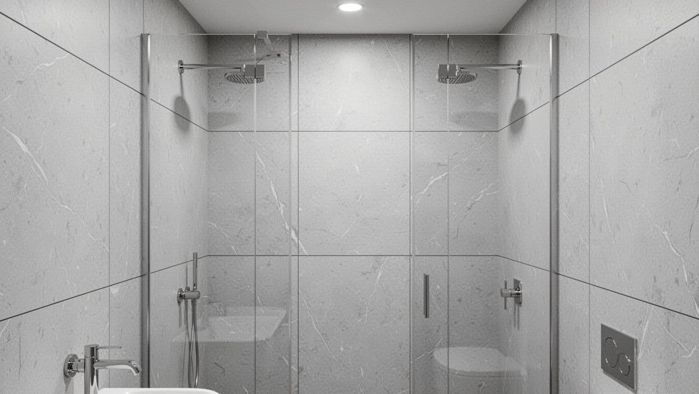 Photo-realistic image of 12x24 inch light gray porcelain shower wall tiles with subtle texture and minimal thin grout lines in a compact modern bathroom, featuring vertical layout, frameless glass door, sleek fixtures, and bright lighting for a seamless spacious illusion.