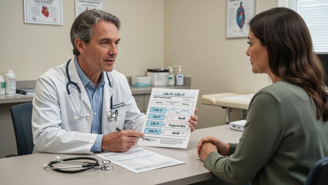 Photorealistic documentary-style image of a primary-care doctor reviewing a lipid test report displaying LDL-C, LDL-P, ApoB, and Triglycerides with a patient in a calm clinic setting.