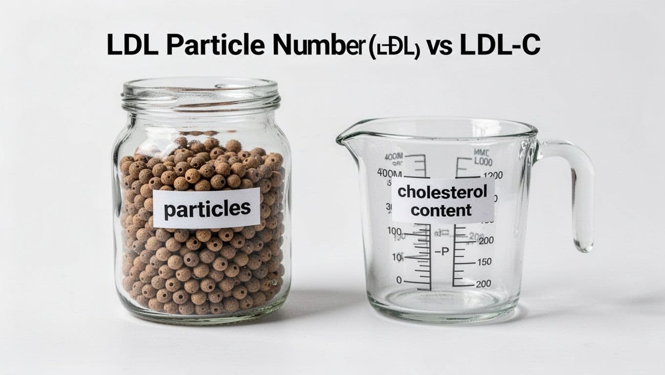Photorealistic image showing a clear glass jar filled with small beads labeled 'particles' next to a measuring cup labeled 'cholesterol content' on a white background, contrasting LDL particle number (LDL-P) with LDL cholesterol (LDL-C). Documentary-style medical infographic for cardiometabolic health article, high realism with natural lighting.