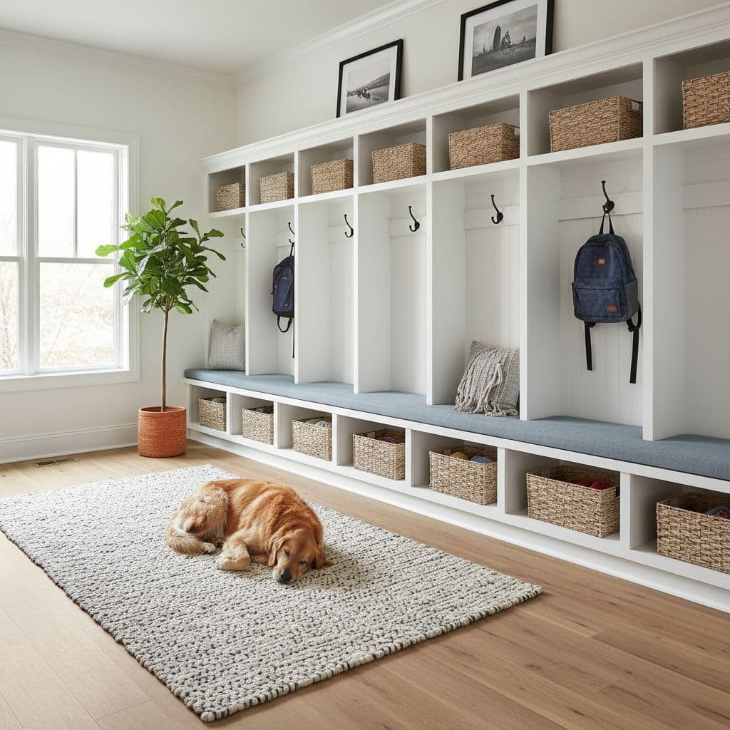 Mudroom features light oak luxury vinyl plank flooring, built-in cubbies, hooks, white walls, morning light, and dog on rug.