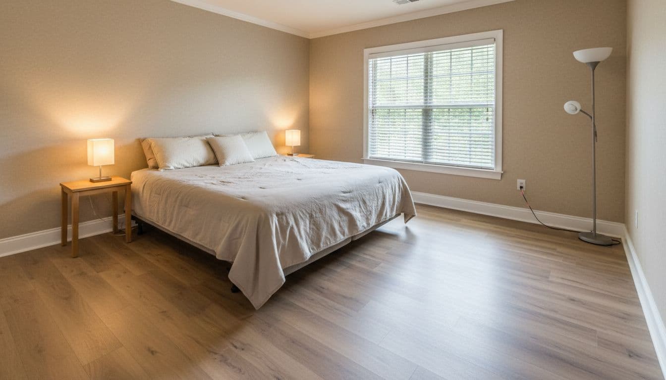 King bed on light wood luxury vinyl plank flooring in beige-walled bedroom with two lamps and soft window light.