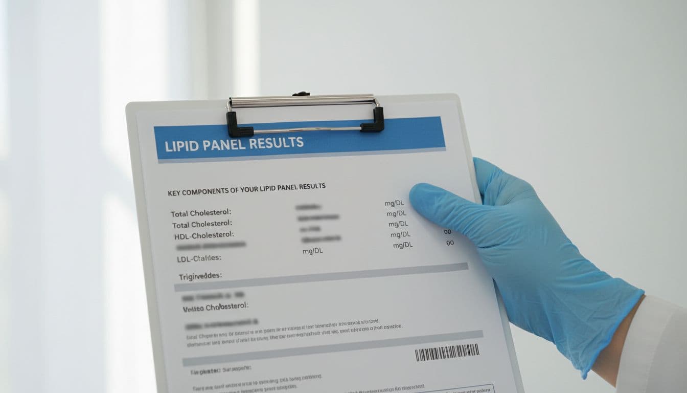 Photorealistic lipid panel lab report on a clipboard held by a gloved hand in a modern clinic, displaying blurred values for total cholesterol, HDL, LDL, and triglycerides against a clean white background with natural lighting.