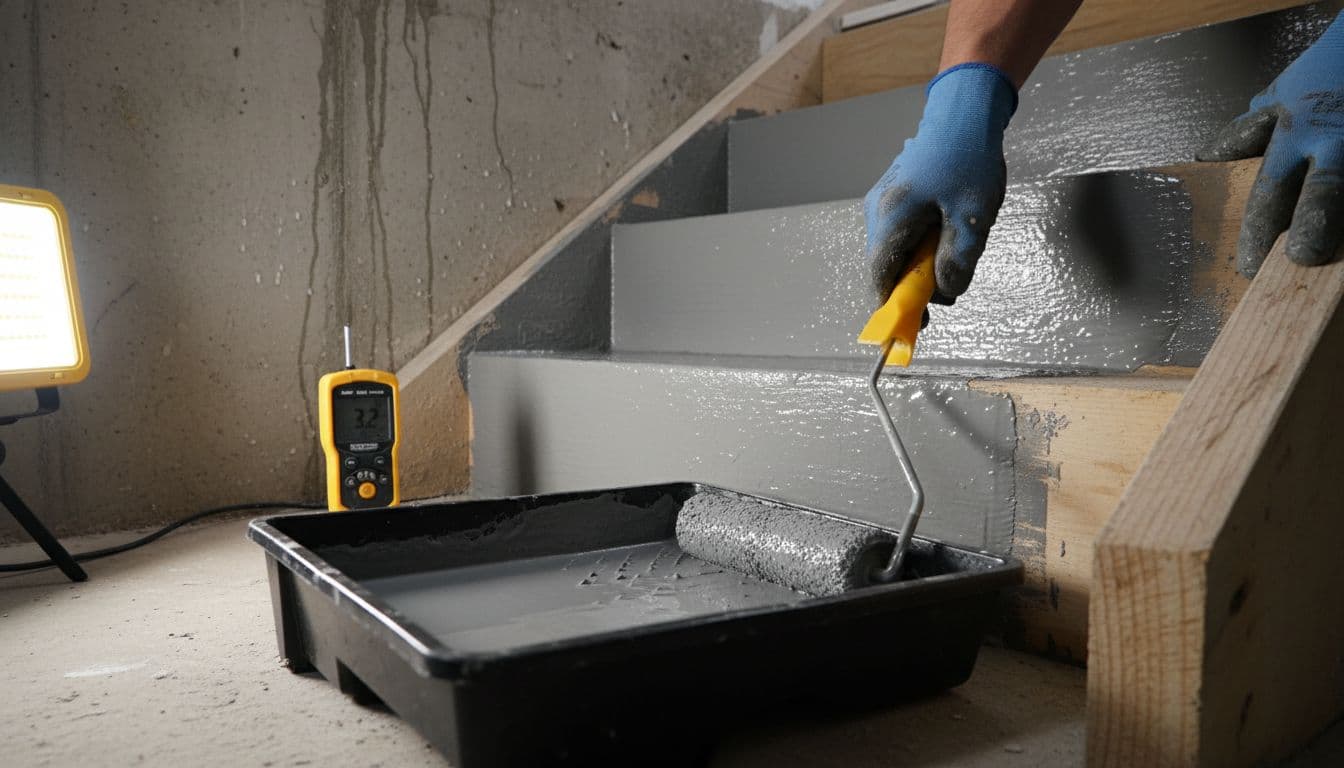 Ultra-realistic close-up of a contractor rolling glossy liquid-applied waterproofing membrane onto concrete stair treads and risers in a basement stairwell, with paint tray, moisture meter showing high reading, and work light highlighting details.