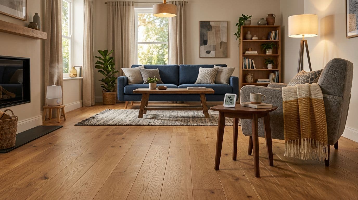 Photorealistic comfortable living room featuring even hardwood flooring boards with no gaps or cupping, a digital hygrometer on a wooden side table showing 45% humidity, and a small humidifier in the corner. Warm ambient lighting illuminates cozy modern furniture with detailed wood grain, no people present.