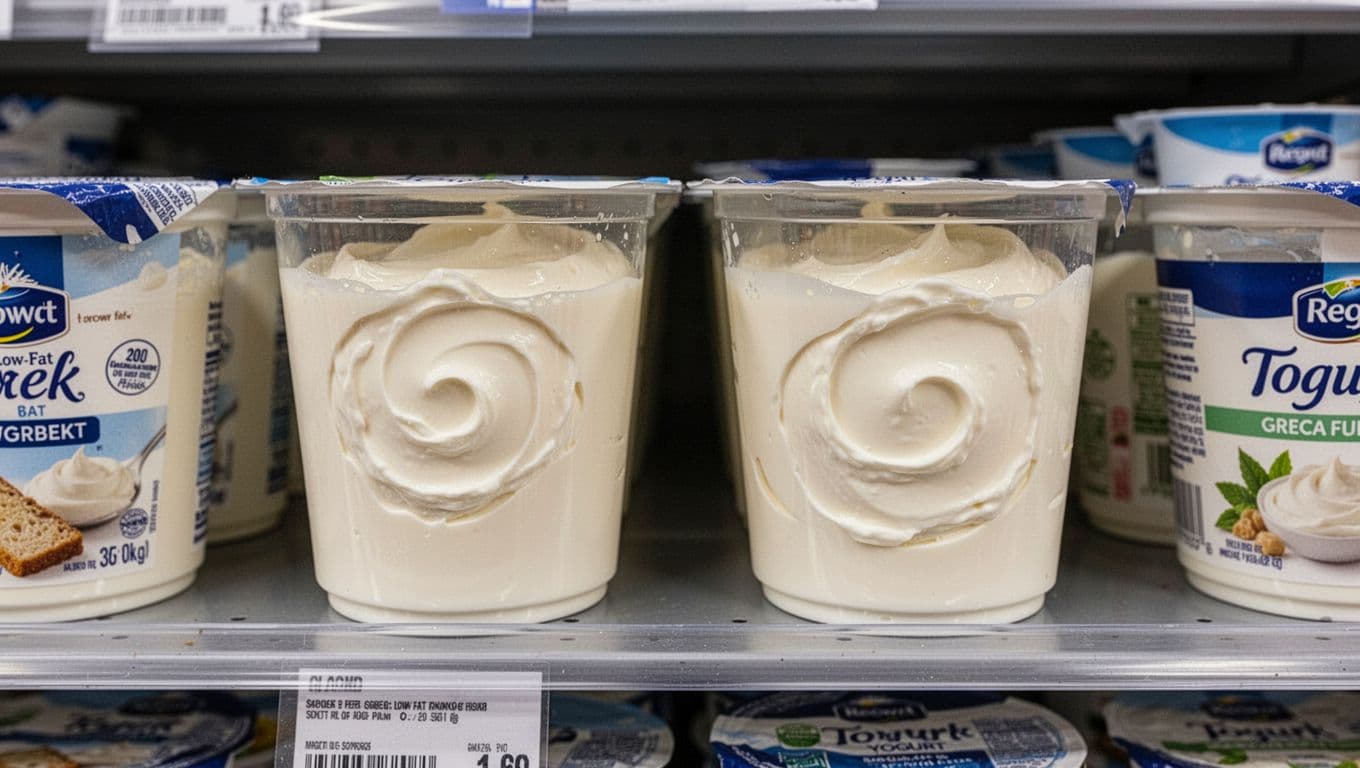 Photorealistic close-up of plain low-fat yogurt containers, including Greek and regular varieties with simple organic cues, on a clean grocery store shelf under bright lighting, showcasing creamy texture through semi-transparent cups.