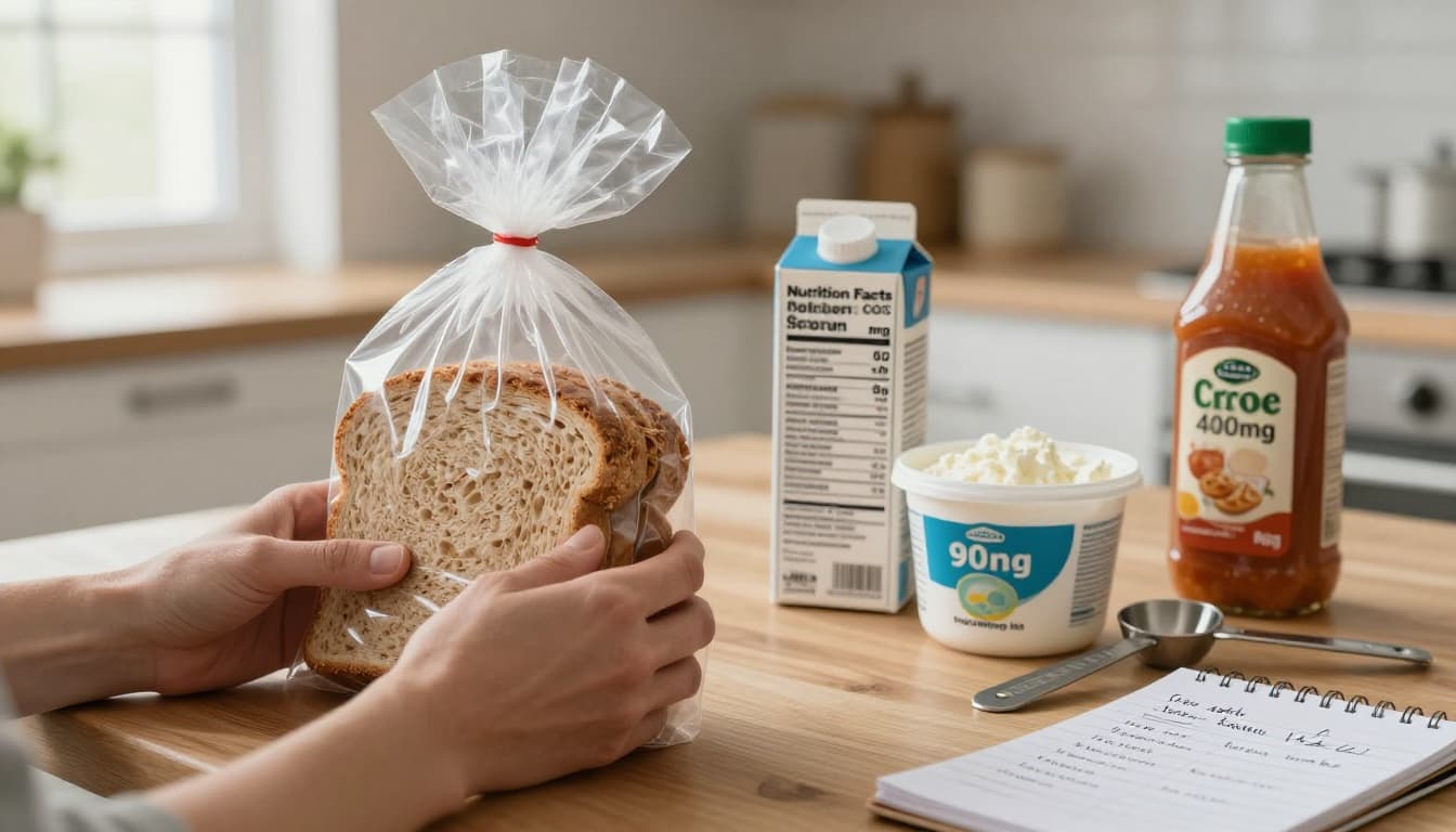 Photorealistic kitchen scene with hands holding a clear bag of sliced whole-grain bread, sharp focus on 200mg sodium nutrition label per slice, beside low-sodium chicken broth, cottage cheese (90mg per half cup), pasta sauce (400mg per quarter cup), measuring spoons, and notepad notes.
