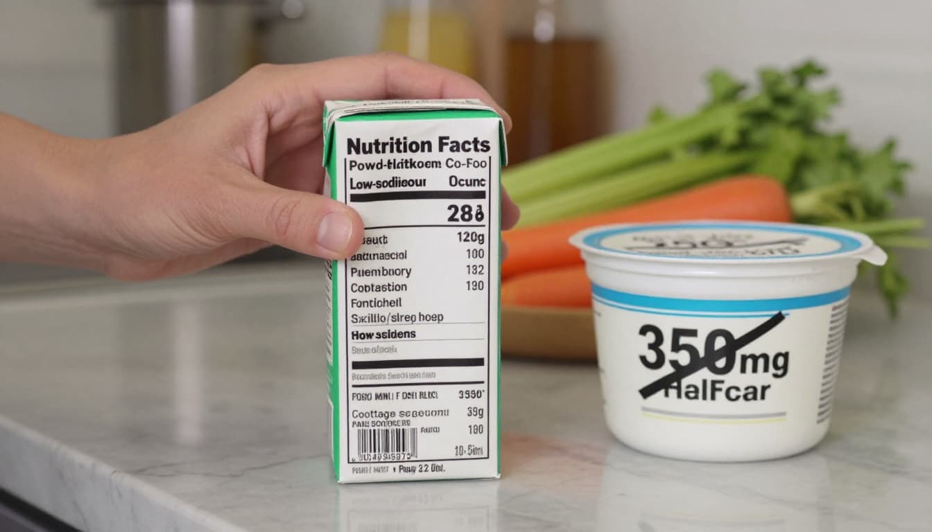 Photorealistic close-up in a sunny kitchen shows hands examining a low-sodium chicken broth carton (120mg sodium per cup) beside cottage cheese with crossed-out 350mg label noting low-sodium version, blurred veggie background.