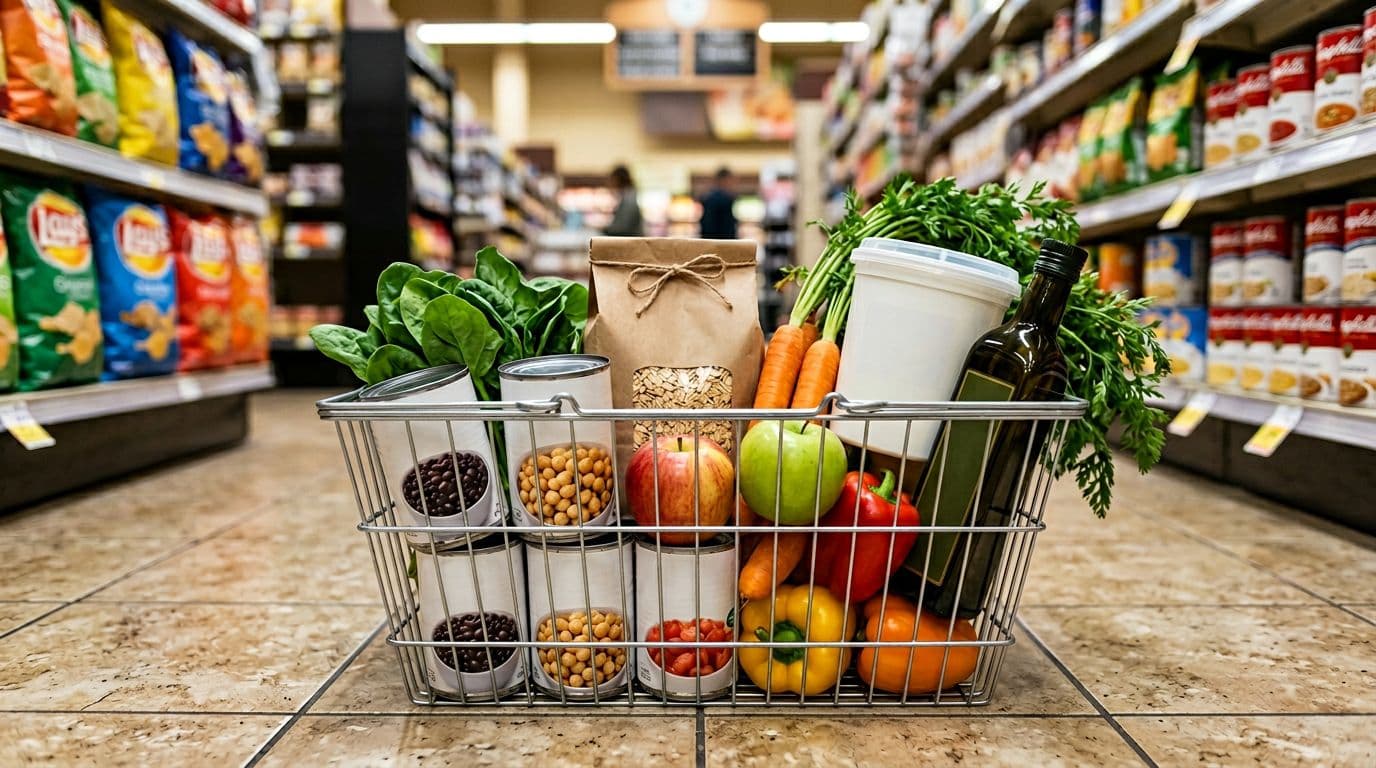 Grocery shopping basket filled with low-sodium hypertension-friendly foods like beans, tomatoes, yogurt, oats, fresh produce, and olive oil, with high-sodium alternatives blurred in the background.