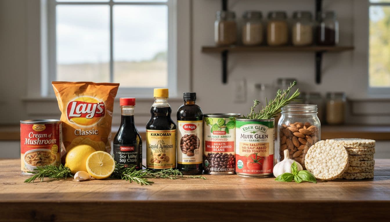 Photo-realistic image of a wooden kitchen counter in a sunlit room displaying side-by-side low-sodium pantry swaps, with faded high-sodium items on the left and vibrant alternatives on the right, accented by fresh lemon, garlic, and herbs.