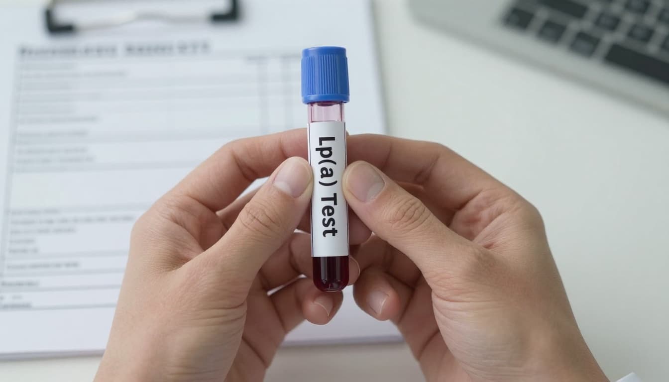 Gloved hands holding an Lp(a) blood vial