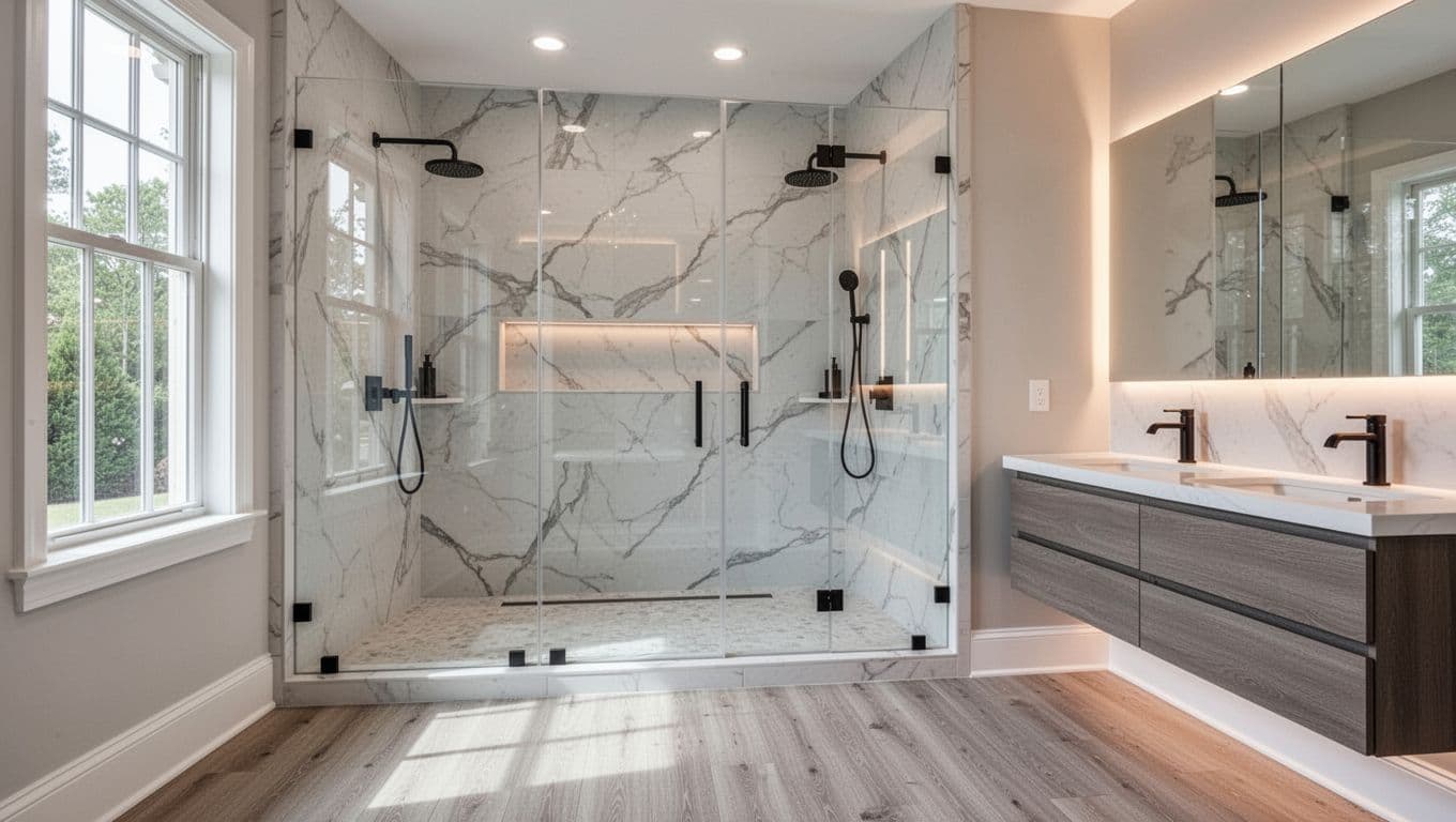 Photorealistic high-end luxury walk-in shower in an upscale Alpharetta, Georgia home featuring frameless clear glass enclosure, large-format porcelain tile walls, linear drain, matte black fixtures, and floating double vanity.