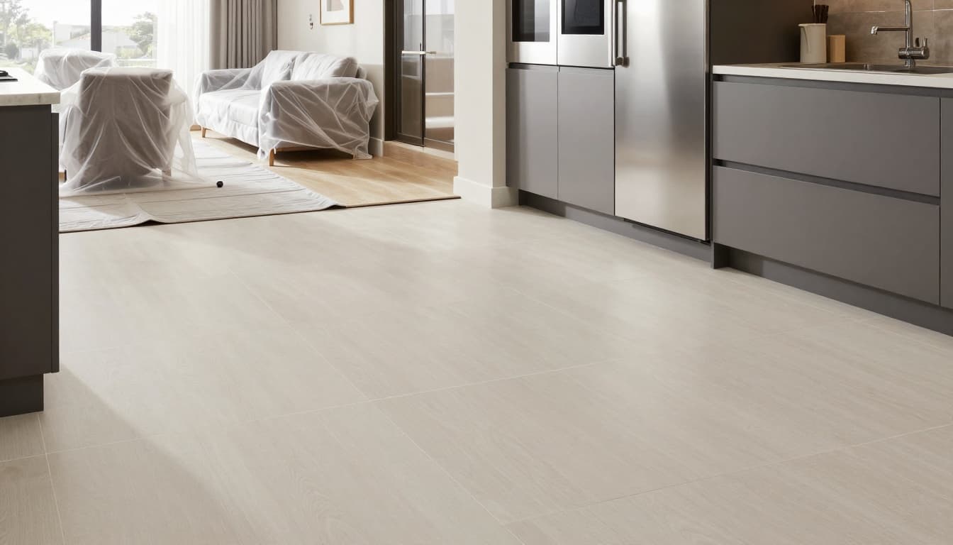Highly realistic professional photo of a luxurious open-concept kitchen showcasing newly installed large-format porcelain tile flooring, with protected adjacent living area furniture under plastic sheets and Ram Board pathways, in a clean, dust-free renovation environment.